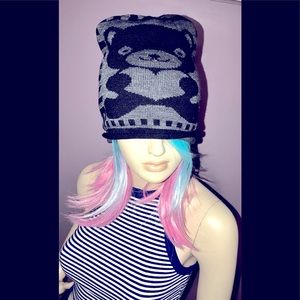 Black & charcoal striped beanie w/ bear! (OS)